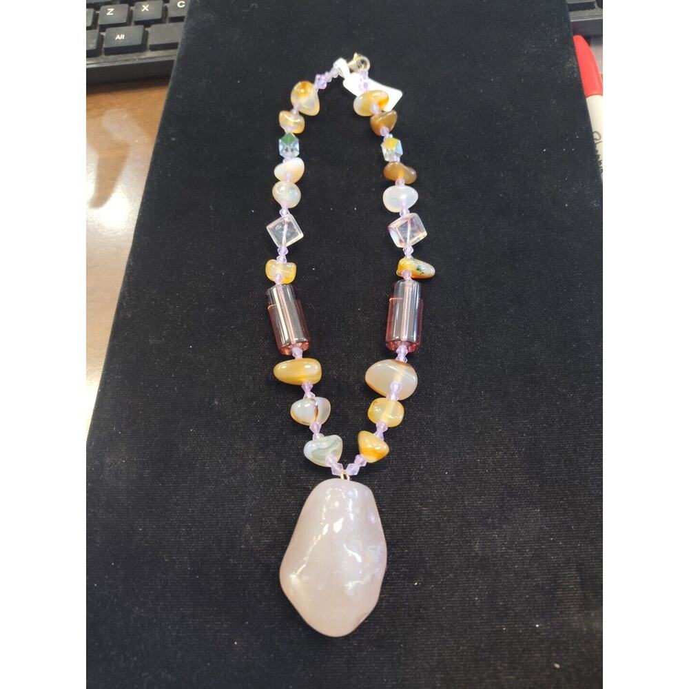 Vtg Multicolor Polished Handmade Stone Necklace Rose Quartz Center 925 Clasp 15"